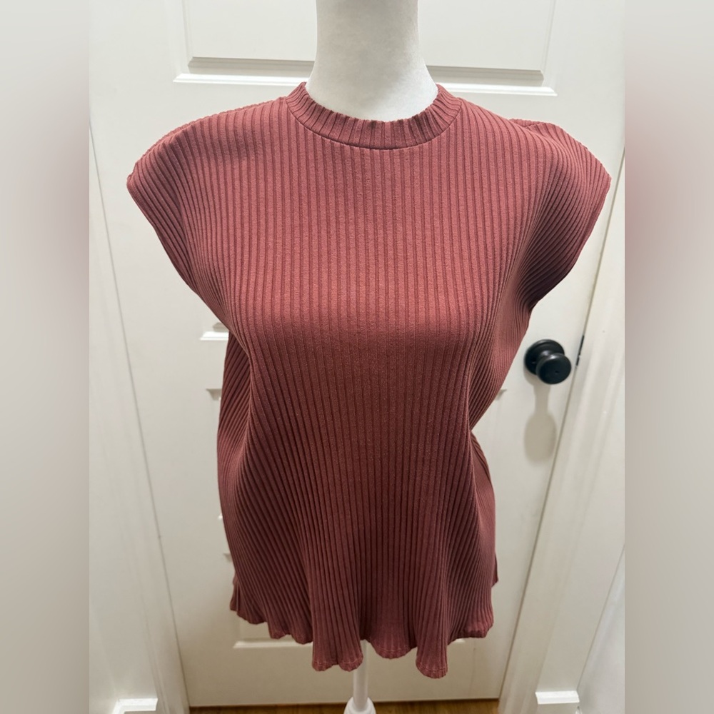 Eileen Fisher. Textured Stretch Rib Round Neck Top. Deep Terra Cotta. Large. - Picture 3 of 9